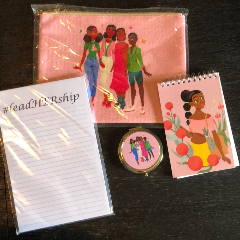 1 pencil case, 1 compact mirror, 1 small girl note pad, 1 leadership note pad